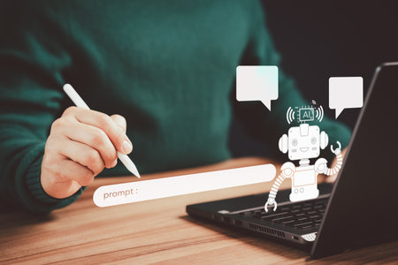 Chat with Ai. Adult man chatting with a smart AI or artificial intelligence using an artificial intelligence chatbot developed. Futuristic technology transformation. Chatbot, Artificial intelligence.の写真素材