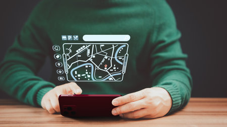 Man searching for shop and restaurant information in city map from the smartphone. Concept of SEO search networking, Searching browsing internet data information and technology from mobile phone.の写真素材