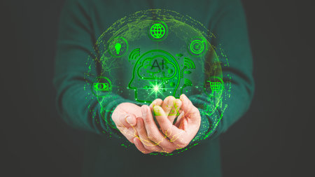 Business technology concept of Ai, Cloud computing, Data storage, Banking, Financial and shopping online. AI cloud computing diagram show on hand. Big data with information structure on virtual screenの写真素材
