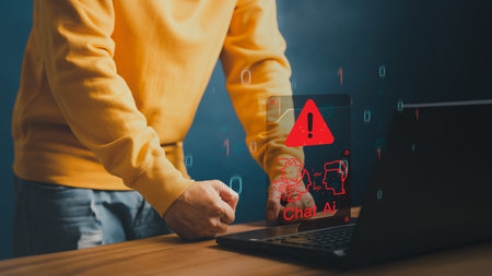 AI with Chatbot, Artificial Intelligence. Adult man using laptop chatting with a smart AI using an artificial intelligence chatbot with triangle caution warning sign for notification error concept.の写真素材