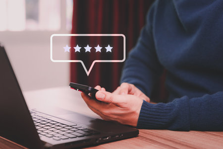 Customer review assessment and testimonial and satisfaction feedback survey. Client give rating to service experience on online application. Customer can evaluate quality of service and ranking.の写真素材