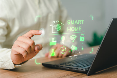 Iot or Internet of Things of smart home automation app concept. Adult man controlling technology AI smart home devices using a laptop computer with launched application in the bed room.の写真素材