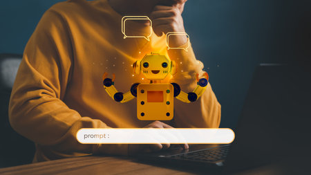 Chat with Ai. Adult man chatting with a smart AI or artificial intelligence using an artificial intelligence chatbot developed. Futuristic technology transformation. Chatbot, Artificial intelligence.の写真素材