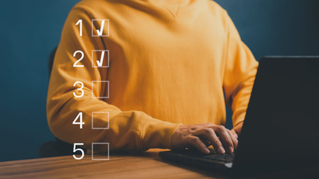 Man tick correct sign mark for document approval and checklist planning concept. Take an assessment, test, education, questionnaire, evaluation, online survey online exam.の写真素材