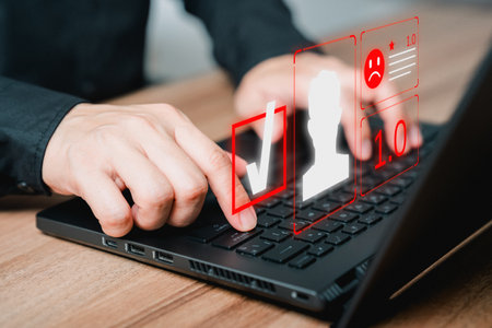 Customer give negative review for client satisfaction surveys. Assessment one star rating for testimonial, customer evaluation feedback, service rating satisfaction and certification concept.の写真素材