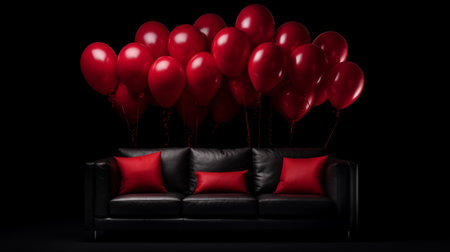 Dark interior with red balloons and a sofa. Birthday party. Generative ai.の素材