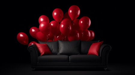 Dark interior with red balloons and a sofa. Birthday party. Generative ai.の素材
