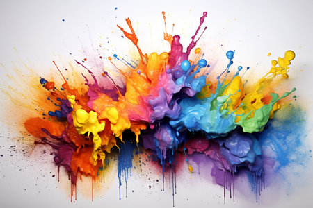 Watercolor painting splashes and brushstrokes on a white paper background. Generative ai.の素材