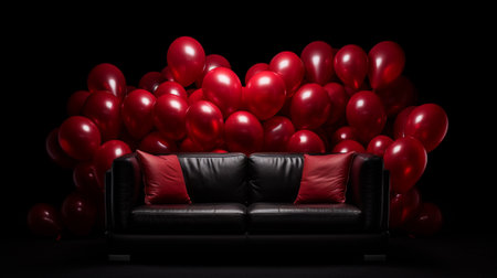 Dark interior with red balloons and a sofa. Birthday party. Generative ai.の素材