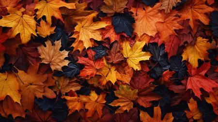 Top view of red, orange, and yellow leaves background, fallen leaves in autumn.Generative ai.の素材