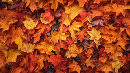 Top view of red, orange, and yellow leaves background, fallen leaves in autumn.Generative ai.の素材