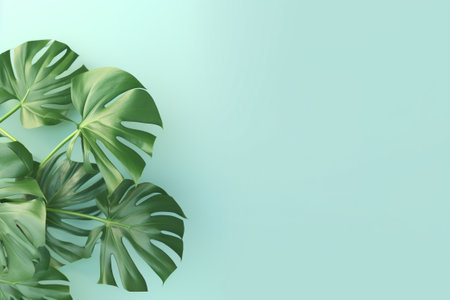 Green Foliage with copyspace, Lush Monstera Leaves on a Delicate Pastel Background. Generative ai.の素材