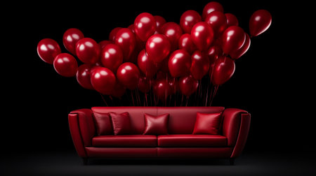 Dark interior with red balloons and a sofa. Birthday party. Generative ai.の素材