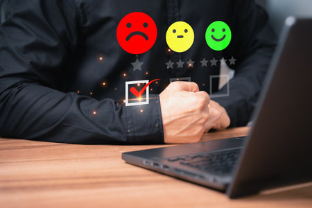 Customer with angry emotion face on virtual screen, Bad review, dislike service and quality, low rating, social media not good. Business service concept of customer experience dissatisfied.の写真素材