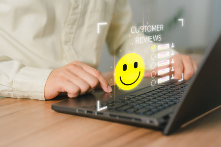 Customer review satisfaction feedback survey. Shopper gives a rating to service experience on online application. Client can evaluate quality of service leading to reputation ranking of the business.の写真素材