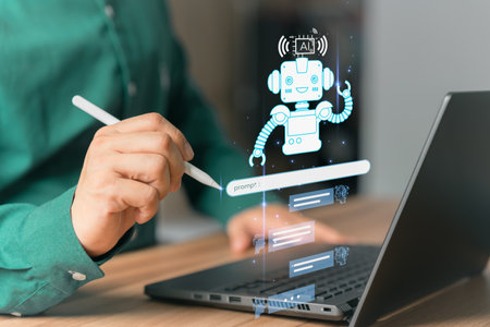 Chat with Ai. Adult man chatting with a smart AI or artificial intelligence using an artificial intelligence chatbot developed. Futuristic technology transformation. Chatbot, Artificial intelligence.の写真素材