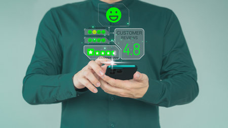 Customer using a mobile phone or smartphone in give rating to service experience assessment on application. Online customer review satisfaction feedback survey and testimonial.の写真素材