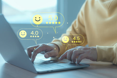 Male customer using a computer laptop in give rating to service experience assessment on application to the shops. Online customer review satisfaction feedback survey and testimonial.の写真素材