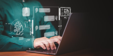 Businessman use technology smart robot AI. Artificial intelligence by enter prompt for generates something, Futuristic technology transformation. Chatbot Chat with AI, Artificial Intelligence.の写真素材