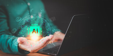 Financial management and digital smart AI learn and Artificial Intelligence. Business, modern technology, internet of things. Technology and people use AI to help work. AI technology in everyday life.の写真素材