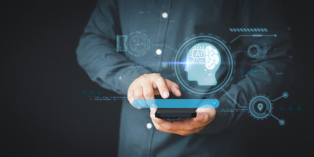 Man use a phone with technology smart robot AI. Artificial intelligence by enter prompt for generates something, Futuristic technology transformation. Chatbot Chat with AI, Artificial Intelligence.の写真素材