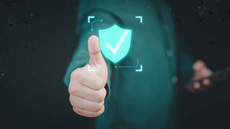 Male hand show the warranty identity proof icon for security protection system on virtual screen. Quality assurance of business service. Certified guarantee approval or secure access system concept.の写真素材