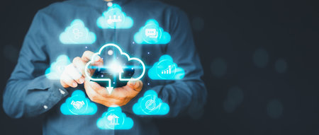User man use smartphone with cloud computing diagram. Business concept of big data analytics and business intelligence, data storage, data transfer, networking and internet service. Cloud technology.の写真素材