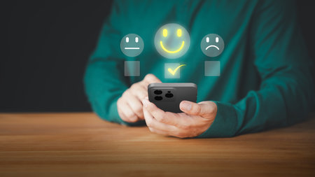 User hand using a mobile phone with pop up smile face icon for feedback review satisfaction service opinion and testimonial. Customer service experience assessment and business satisfaction survey.の写真素材
