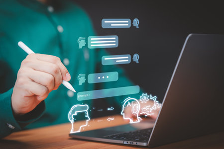 Chat with Ai. User man chatting with a smart AI or artificial intelligence using an artificial intelligence chatbot developed. Futuristic technology transformation. Chatbot, Artificial intelligence.の写真素材
