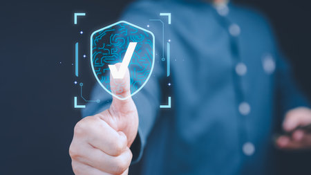User hand show the warranty identity proof icon for security protection system on virtual screen. Quality assurance of business service. Certified guarantee approval or secure access system concept.の写真素材