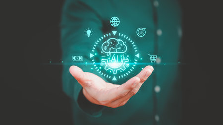 Ai technology, Artificial Intelligence. Money and banking, online shopping, payment, internet. Communication internet connect application technology. Man show on hand with technology smart robot AI.の写真素材