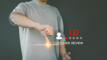 Customer review and feedback with rate 1 star on virtual screen.の写真素材