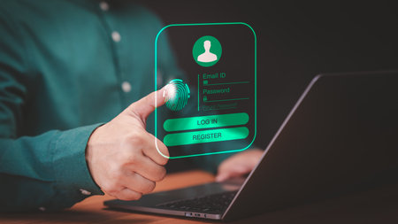 Adult user man login with fingerprint scanning technology in the computer laptop. Secure encryption and access to the user's private information to access the internet.の写真素材