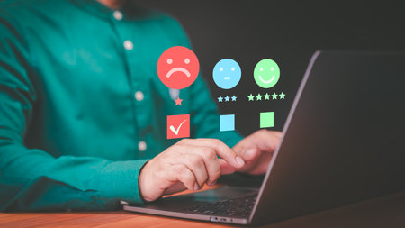 Customer review and feedback with angry emotion face on virtual screen. Business service concept of customer experience dissatisfied. Assessment testimonial review for dislike service and low qualityの写真素材
