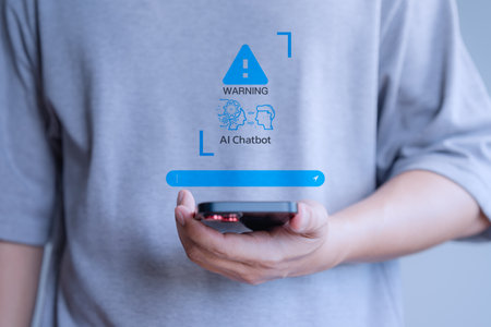 Chat with application AI, Artificial Intelligence. User using smartphone chatting with smart AI, apps artificial intelligence chatbot with triangle caution warning sign for notification error.の写真素材