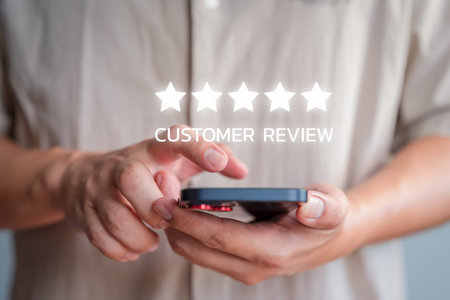 Customer using a smartphone give point five stars icon for feedback review satisfaction service...
