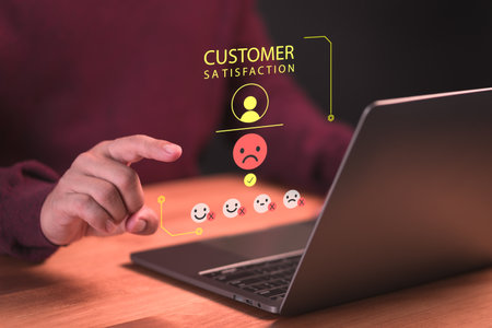 Member with angry emotion face on virtual screen, Bad review, client dislike service and quality, low rating, social media not good. Business service concept of customer experience dissatisfied.の写真素材