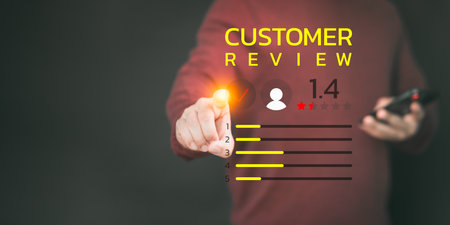 Customer review and feedback with rate 1.4 point on virtual screenの写真素材