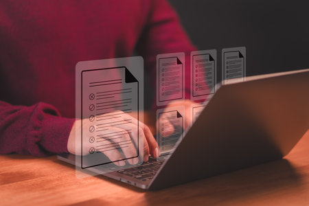Technology DMS, online documentation database and process manage files. Businessman using laptop computer with virtual screen contact questionnaire with checkbox. Document Management Checking System.の写真素材