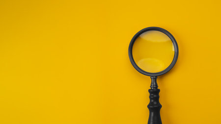 Vintage black magnifying glass isolated on yellow backgroundの写真素材