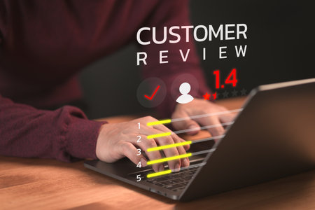 Member with angry emotion face on virtual screen, Bad review, client dislike service and quality, low rating, social media not good. Business service concept of customer experience dissatisfied.の写真素材