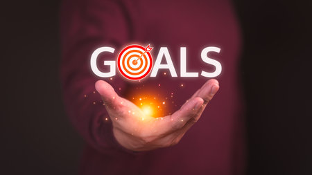 Male hand show the goal icon, Goal 2024 for savings money, good health, life balance, travel plan, learning in new business.の写真素材