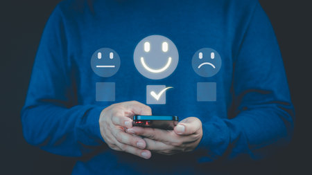 Customer review and feedback with smile face icon to give satisfaction in service. Online review concept of assessment testimonial customer service and feedback, Opinion rating very good.の写真素材