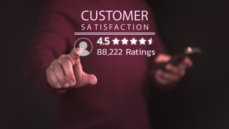 Member hand touching the virtual screen for give point 4.5 stars icon for opinion rating good, feedback, online review, satisfaction, customer service assessment and testimonial.の写真素材