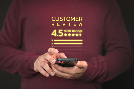 Customer using a smartphone give point 4.5 stars icon for feedback review satisfaction service opinion and testimonialの写真素材