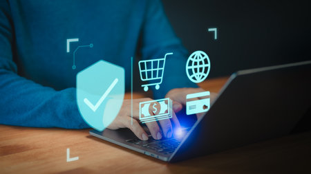 Client use a computer laptop with sign of security protection system on virtual screen. Guarantee, Standard, Certified guarantee approval or secure access internet. Shopping on online application.の写真素材
