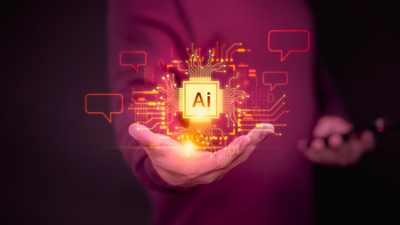 Ai chat technology, User hand show virtual screen with Ai graphic for global internet connect chatbot, Chat with AI, Artificial Intelligence. Man using command prompt for generate something in design.の写真素材