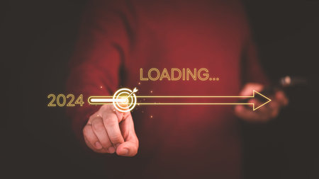 Adult man touch on virtual bar status to uploading change from 2024 to the target or goal icon,...