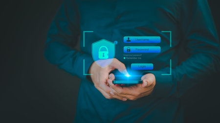 Man type username and password for a smartphone. Cyber security concept to protect personal data....