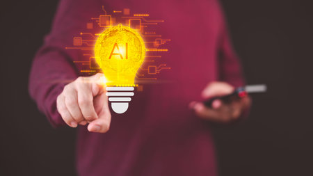 Male user use smartphone to generate ideas with AI helping. Technology AI with Innovation through...